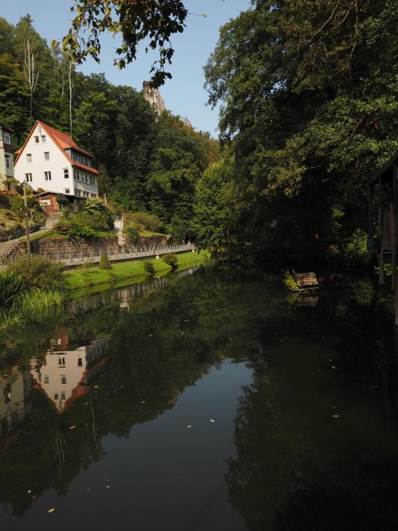 einen Fluss mit Häusern und Bäumen neben einer Stadt in der Unterkunft Villa Amselgrund in Rathen