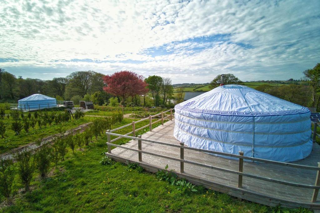 a large dome tent sitting on a ramp in a field at Glamping Yurts near Newquay in Newquay