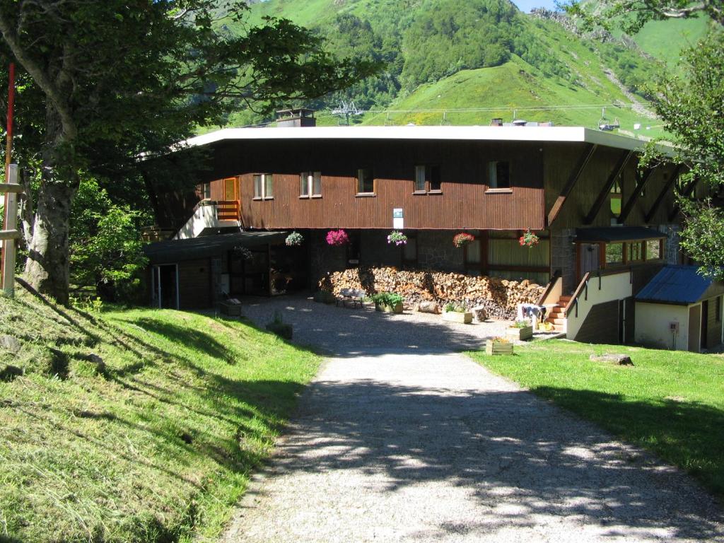 Ein Gebäude mit einem Haufen Hühner davor. in der Unterkunft Auberge de Jeunesse HI Le Mont-Dore in Le Mont-Dore