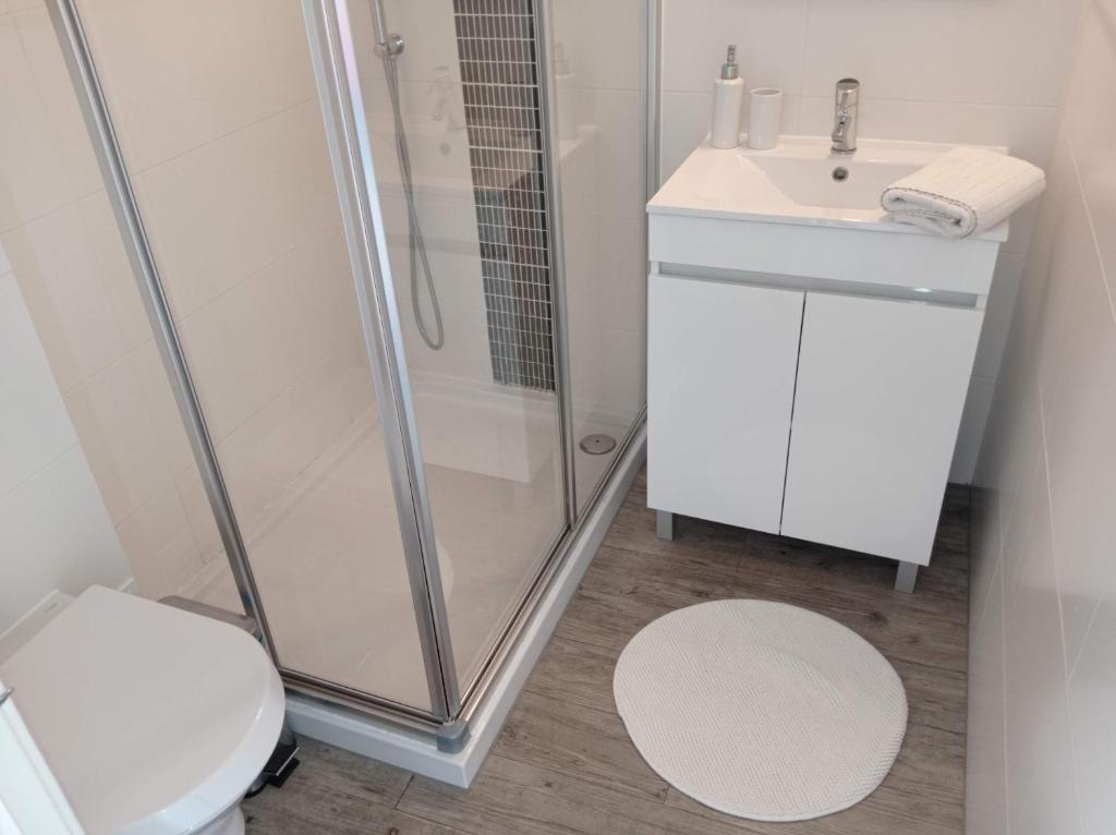 a bathroom with a shower and a toilet and a sink at Flamingo Beach House in Santa Luzia