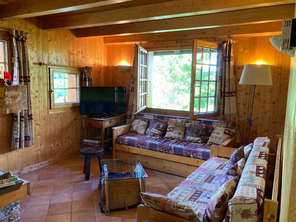 a living room with a couch and a tv at La Ferme Des Favrays in Notre-Dame-de-Bellecombe