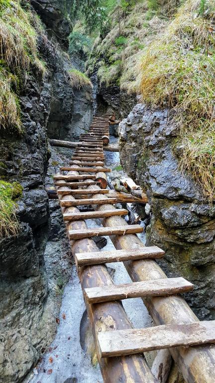 a wooden bridge on a rocky hillside next to a river at Mountain View Studio Apartment in Poprad