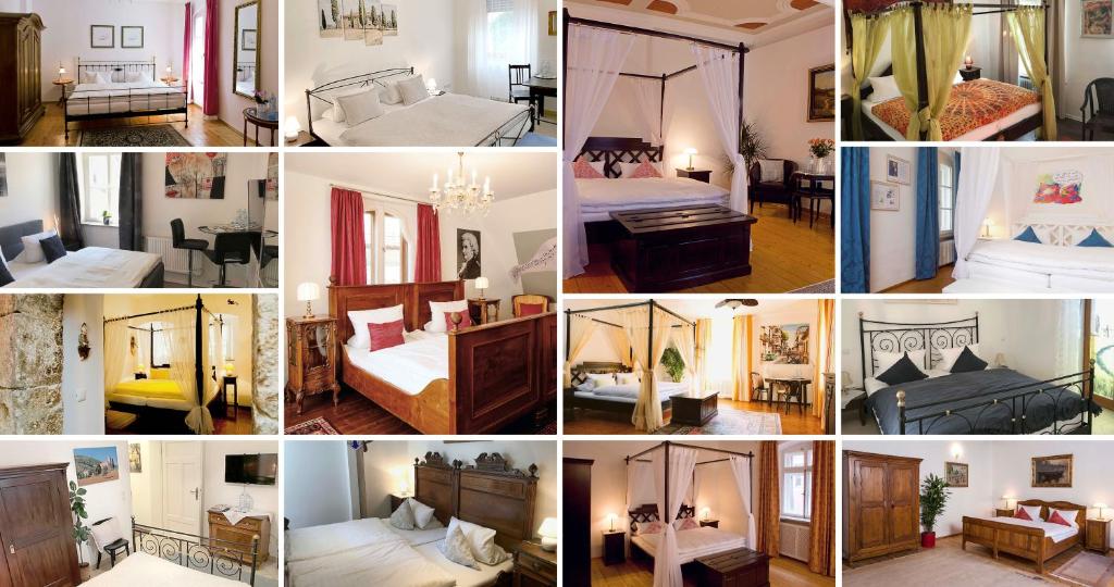 a collage of photos of a hotel room at Restaurant Dicker Mann Hotel zum Blauen Krebs in Regensburg