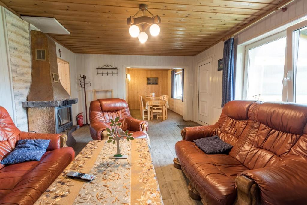 a living room with leather couches and a fireplace at Domek na Zagroniu in Istebna