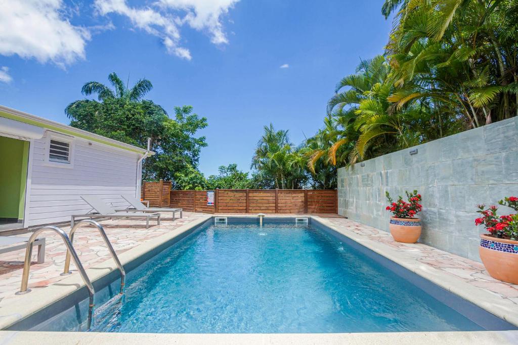 a swimming pool in a backyard with two potted plants at GREEN HOUSE in Deshaies