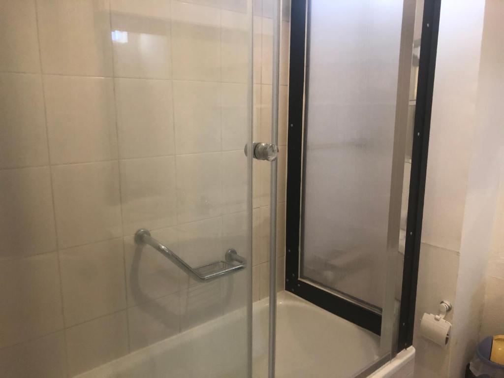 y baño con ducha y puerta de cristal. en Matic Apartments, en Punta Arenas