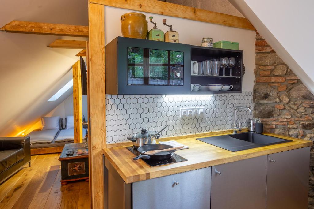 Kuchyň nebo kuchyňský kout v ubytování Apartments No 126 Loket