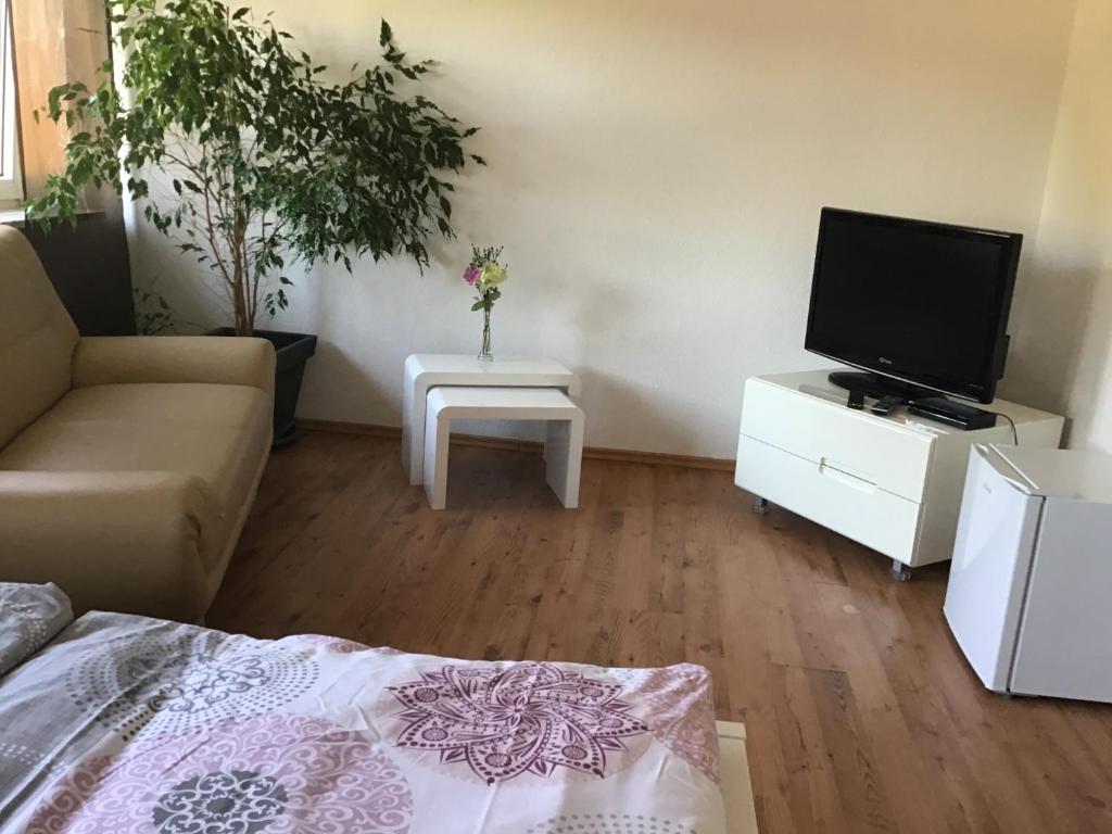 uma sala de estar com um sofá, uma televisão e uma mesa em Bokelrehm 3 em Bokelrehm