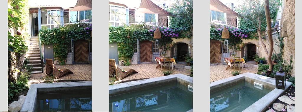 three pictures of a house with a swimming pool at La Maison aux Oiseaux in Aubais