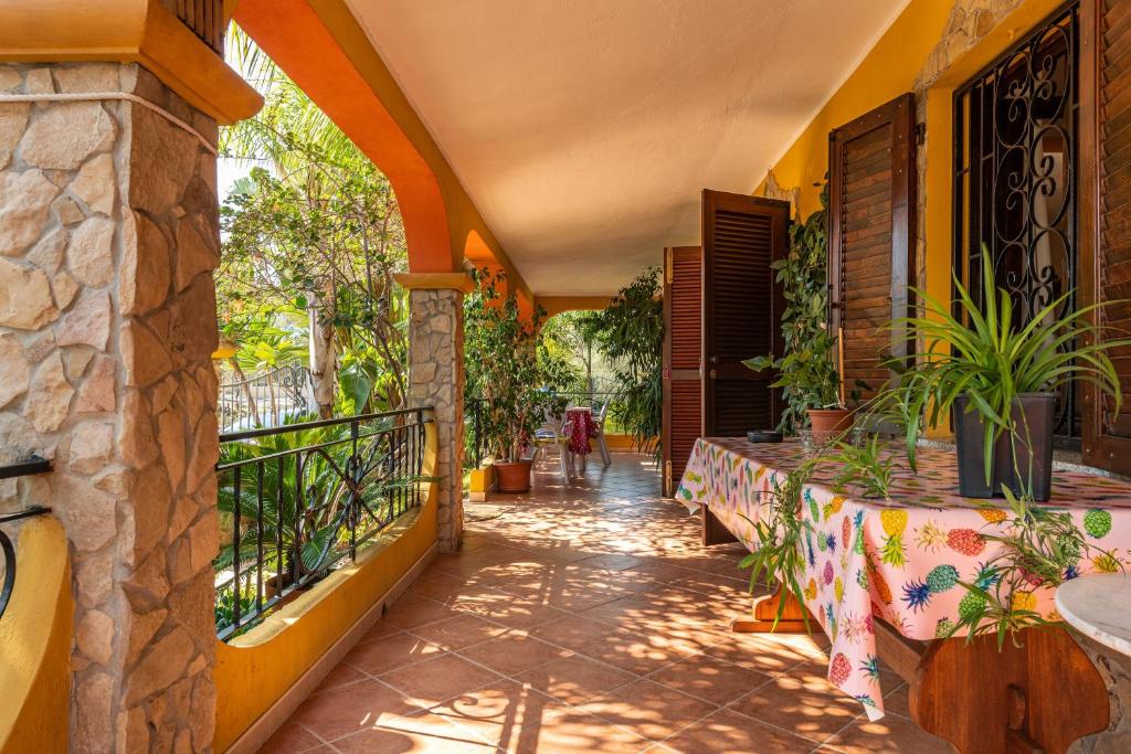 balkon domu z roślinami na nim w obiekcie Villa Mallus 4 posti letto w mieście Olìa Speciosa