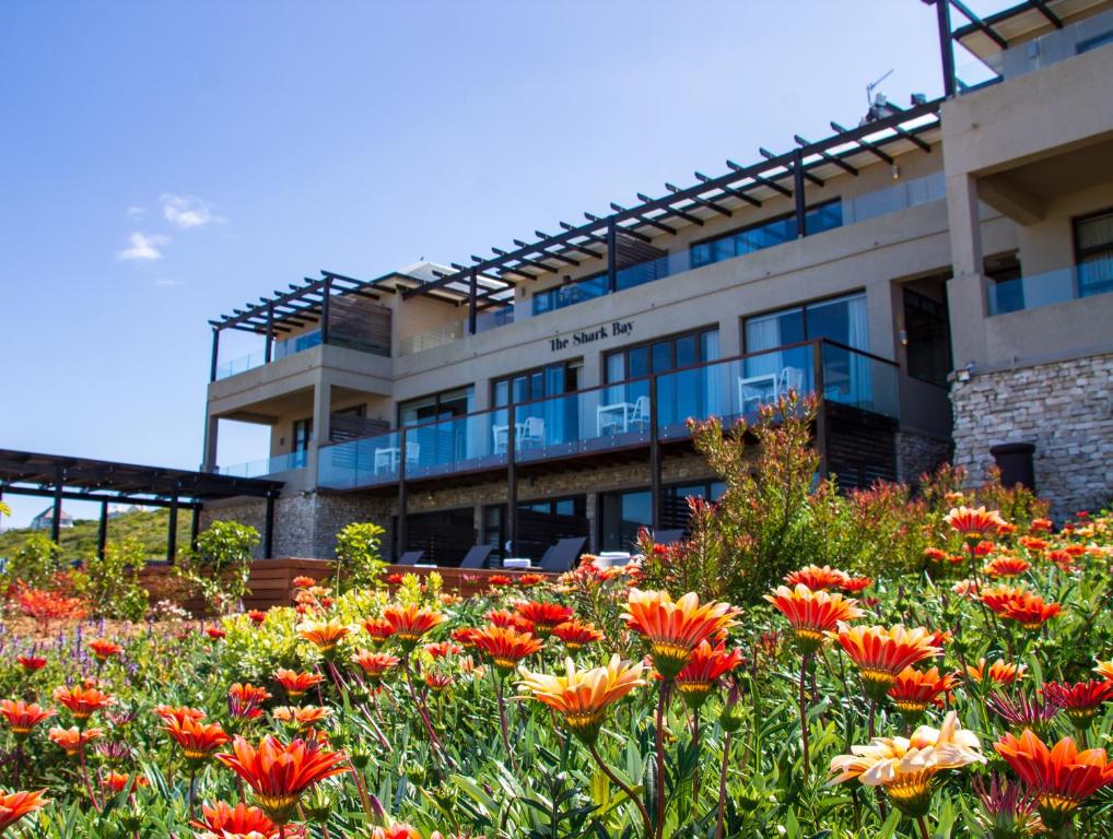 a building with a field of flowers in front of it at The Shark Bay Boutique Hotel & Spa in Langebaan