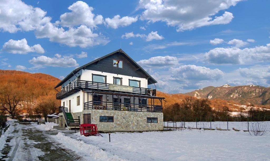 a house with a black roof in the snow at Casa Georgescu in Râşnov