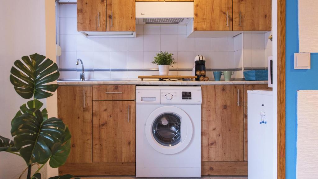 uma cozinha com uma máquina de lavar roupa e um lavatório em La Casita del Árbol em Toledo