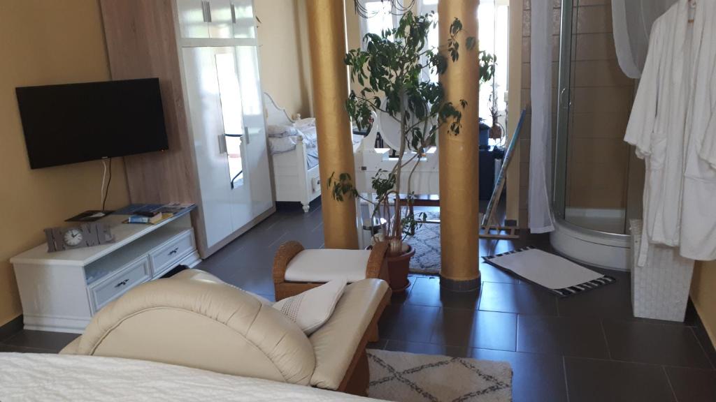 a bedroom with a couch and a tv in a room at Apartman studio in Vela Luka