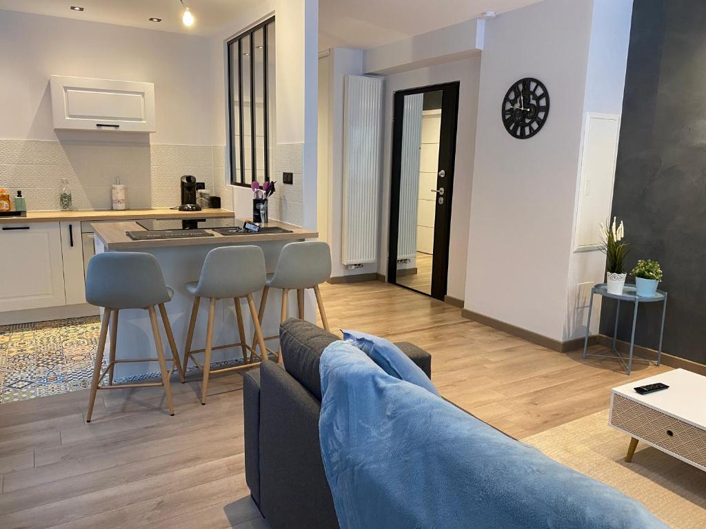 Il comprend un salon avec un canapé et une cuisine. dans l'établissement ** Appartement neuf hyper centre ville à Haguenau, à Haguenau