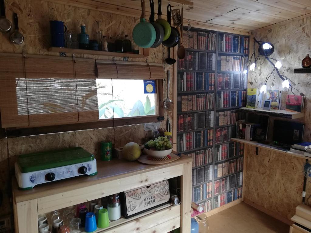 a room with a bunch of books on the wall at Wooden House at the Mountain-private in Paránimfoi