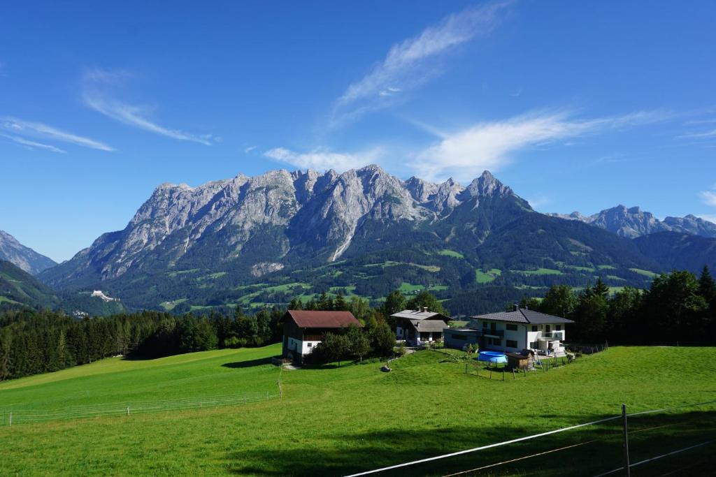 a house in a field with mountains in the background at Appartement Winteraugut in Werfen