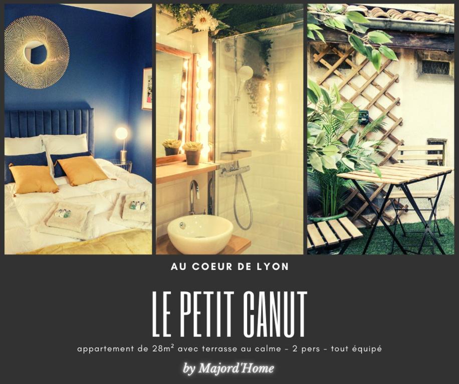 un collage de trois photos d'une chambre et d'une salle de bains dans l'établissement Le Petit Canut - Lyon Centre avec Terrasse - Majord'Home, à Lyon