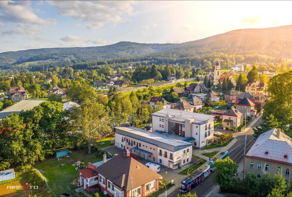 an aerial view of a small town in the mountains at Hotel Petra in Liberec