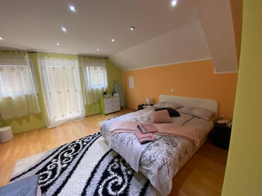 1 dormitorio con 1 cama grande y 1 alfombra en Turistična kmetija Golej, en Podčetrtek