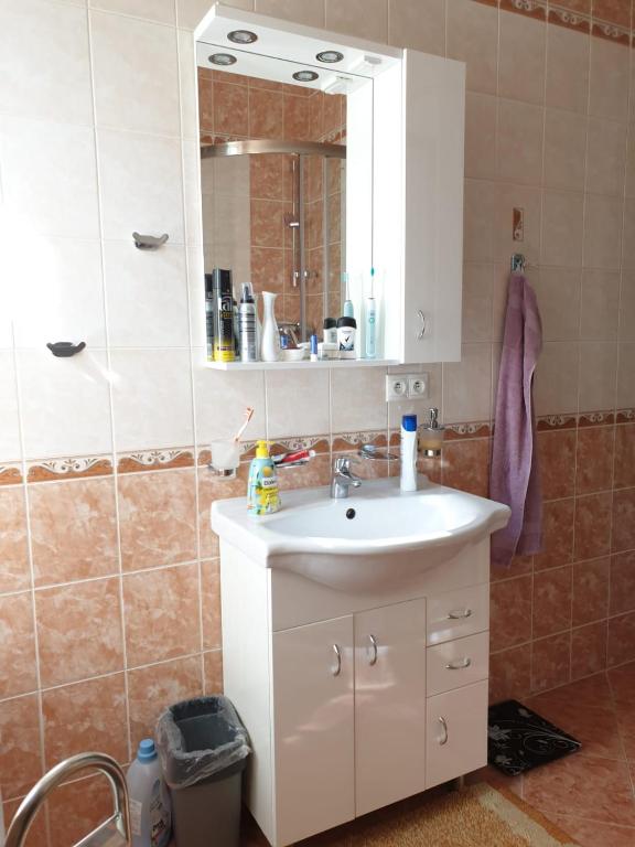 a bathroom with a sink and a mirror at Jurincom apartments Masaryka in Karlovy Vary