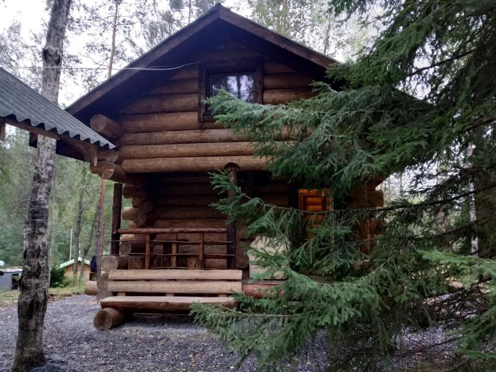 a log cabin in the woods with a tree at База отдыха Берлога in Lumivaara