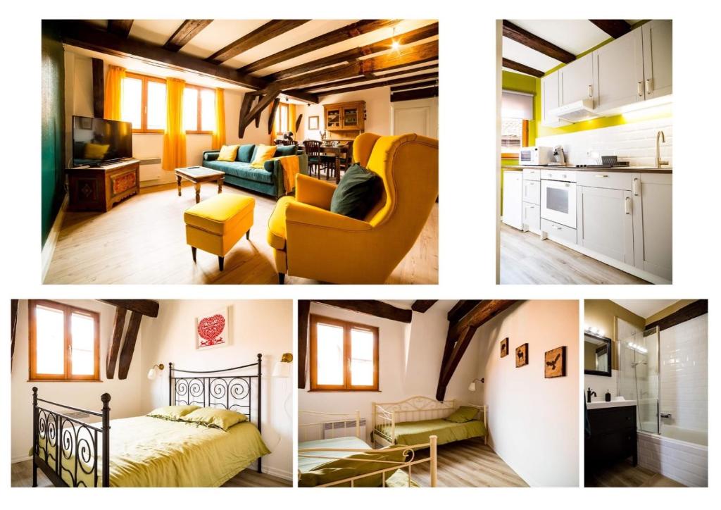 a collage of photos of a kitchen and a living room at Résidence des Tanneurs - Sylvaner in Obernai