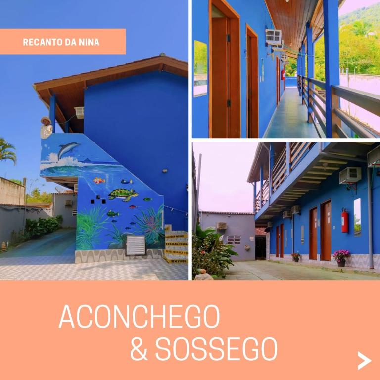 a collage of photos with the words accolho and soscego at Recanto da Nina in Maresias