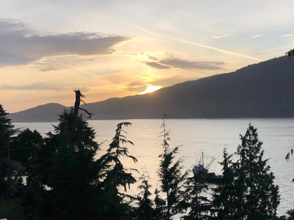 a sunset over a lake with trees and a boat at Port Renfrew Vacation Rentals in Port Renfrew