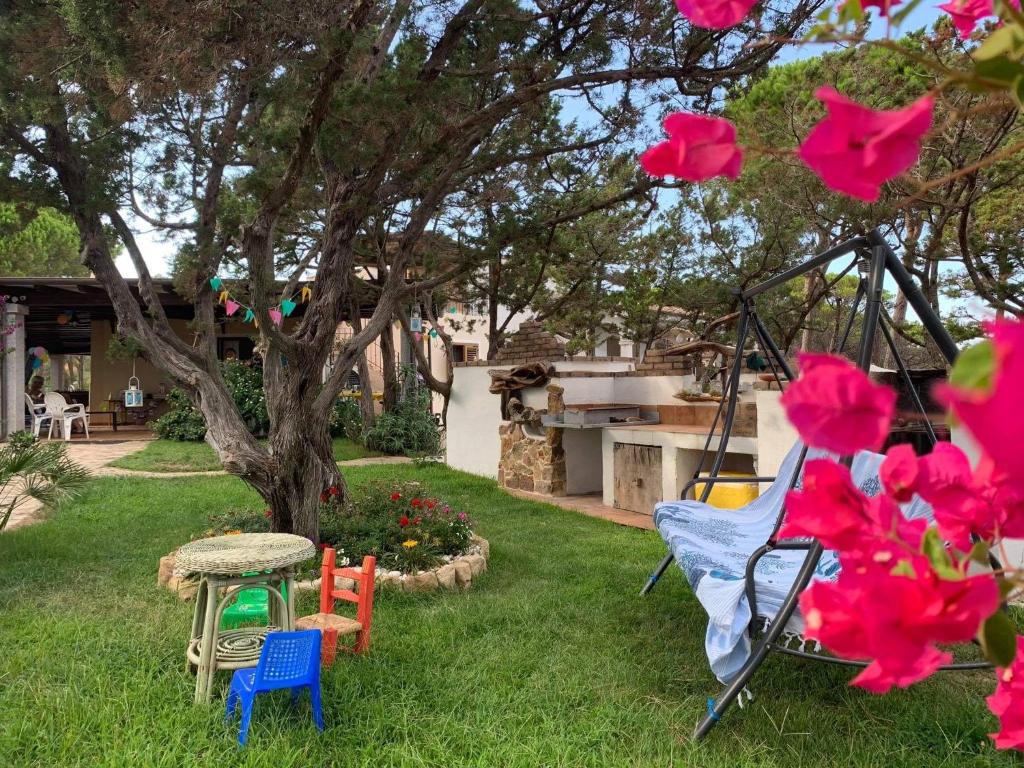 een tuin met stoelen en een schommel en een boom bij Villa Edo in Cala Liberotto
