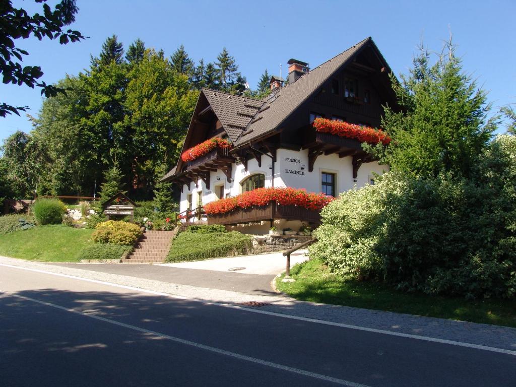 a house with flowers on the side of a road at Penzion Kamínek in Janske Lazne