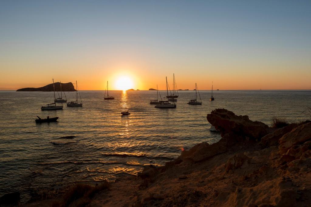 a group of boats in the water at sunset at Camelina Suites in San Antonio Bay