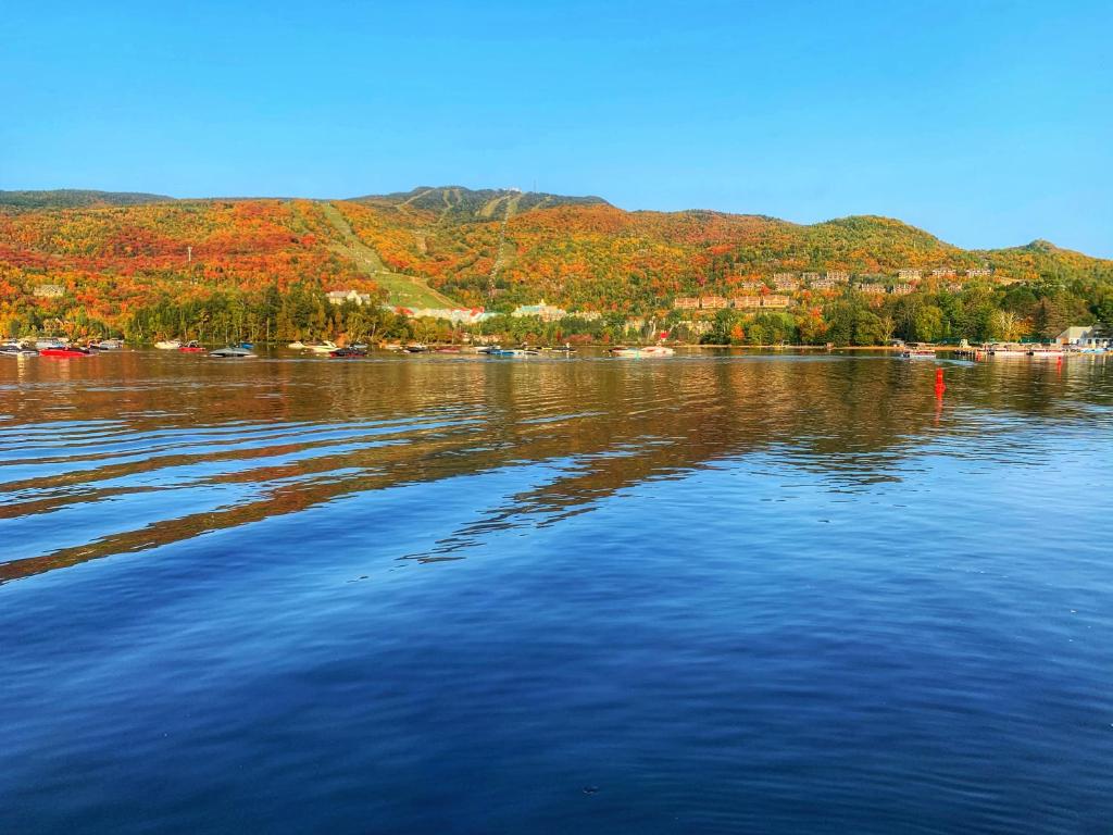 a large body of water with mountains in the background at Auberge Le Lupin-Self Check-in in Mont-Tremblant