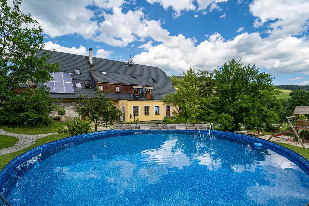 a large swimming pool in front of a house at Family apartments V Zátiší in Dolní Morava