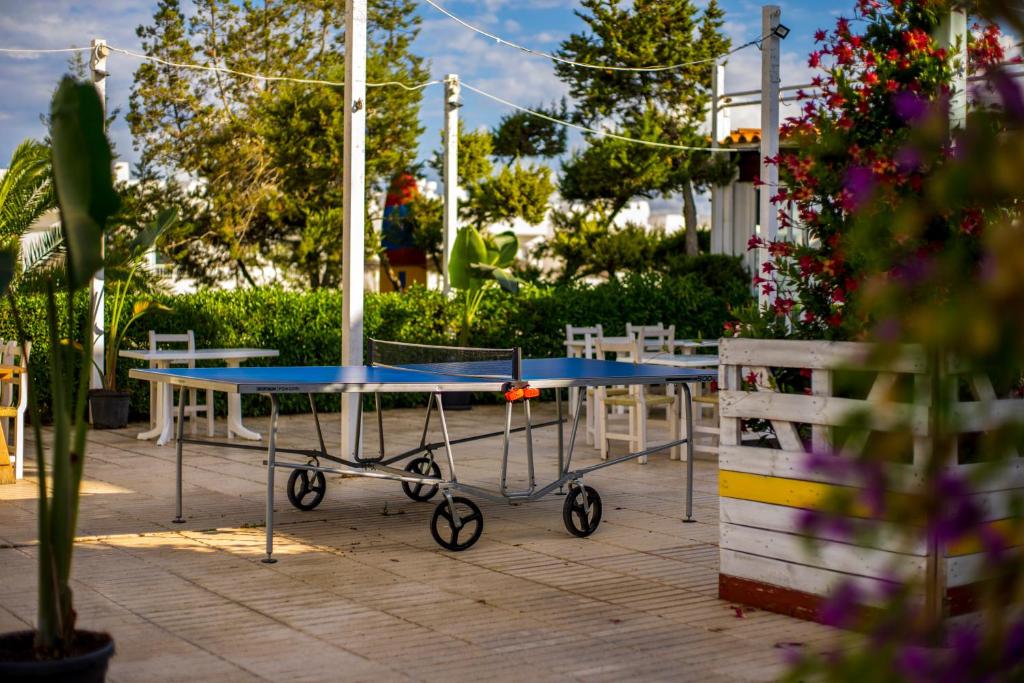 a blue table and chairs in a patio with a table at Camelina Suites in San Antonio Bay