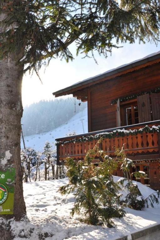 une cabane en rondins avec de la neige au sol à côté d'un arbre dans l'établissement Le Petit Liseron, à Morzine