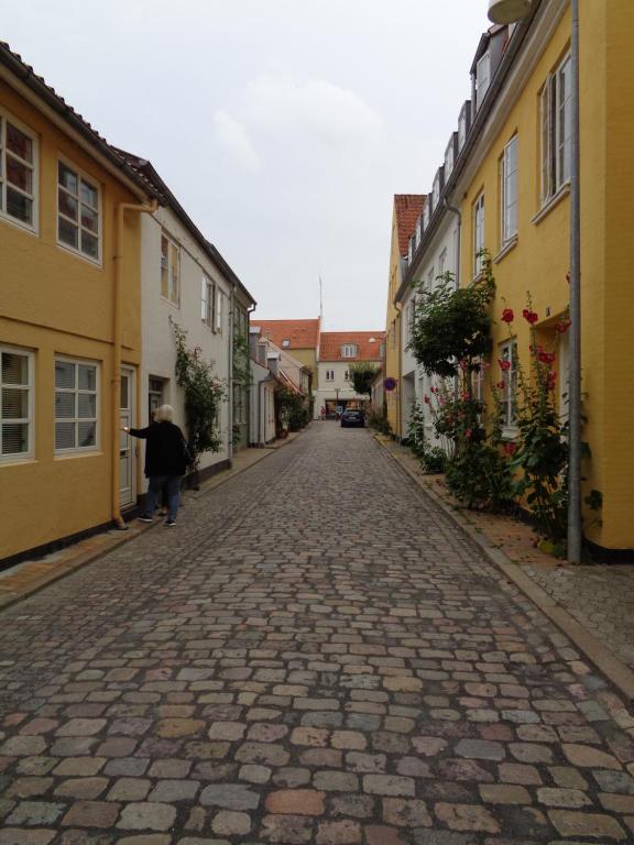 une personne marchant dans une rue pavée avec des bâtiments dans l'établissement Dejligt lille byhus, à Fåborg