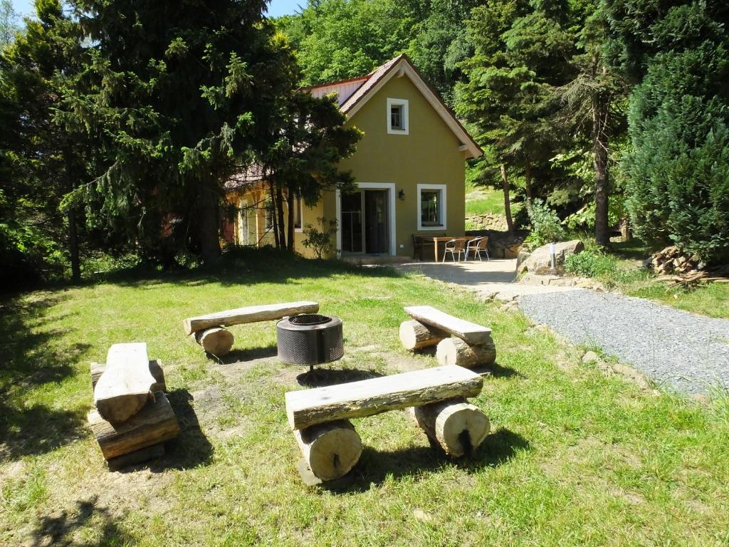a house with a bunch of logs in the yard at Waldhaus Bielatal in Bielatal