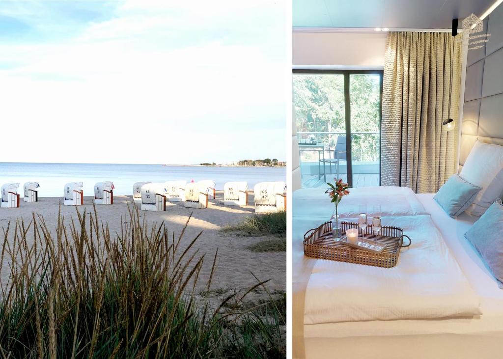 ティメンドルファー・シュトラントにあるWhite Pearl Apartment 3.06のビーチの景色を望むホテルルーム