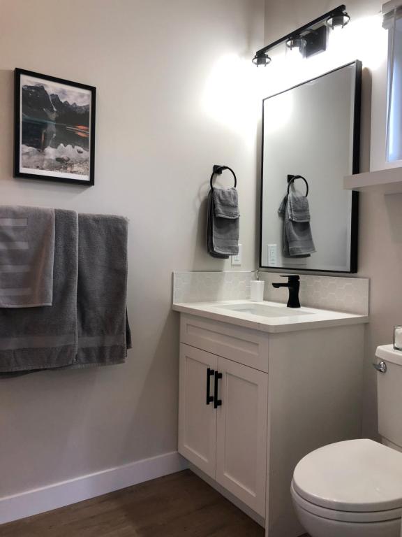 a bathroom with a white sink and a mirror at Mountain View Bed & Breakfast in Banff