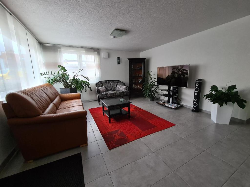 ein Wohnzimmer mit einem Sofa und einem roten Teppich in der Unterkunft Ferienwohnung Buchberg Exklusiv in Neuenbürg