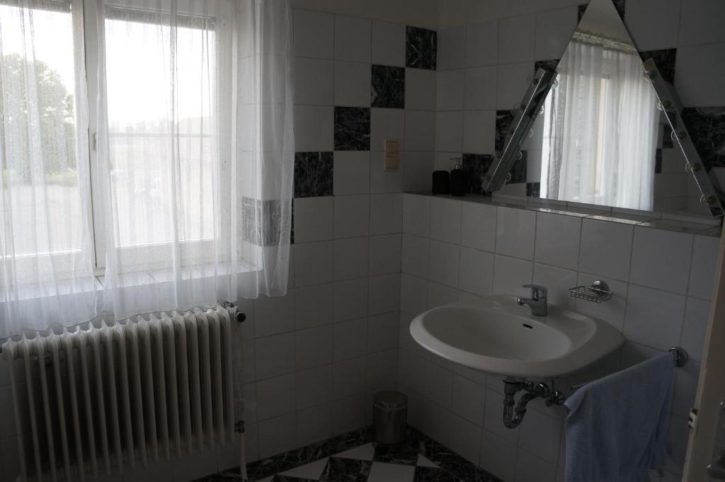 łazienka z umywalką, lustrem i grzejnikiem w obiekcie Ferienwohnung Donauauen w mieście Orth an der Donau