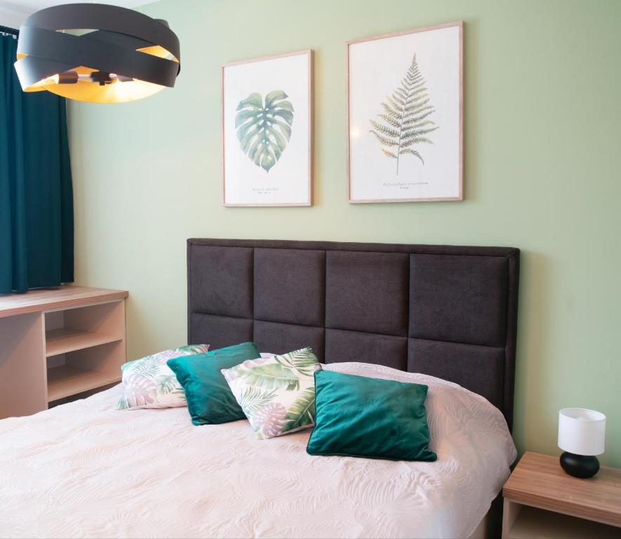 Una cama o camas en una habitación de Apartament Zielony - Okrzei (Garaż, Targi)