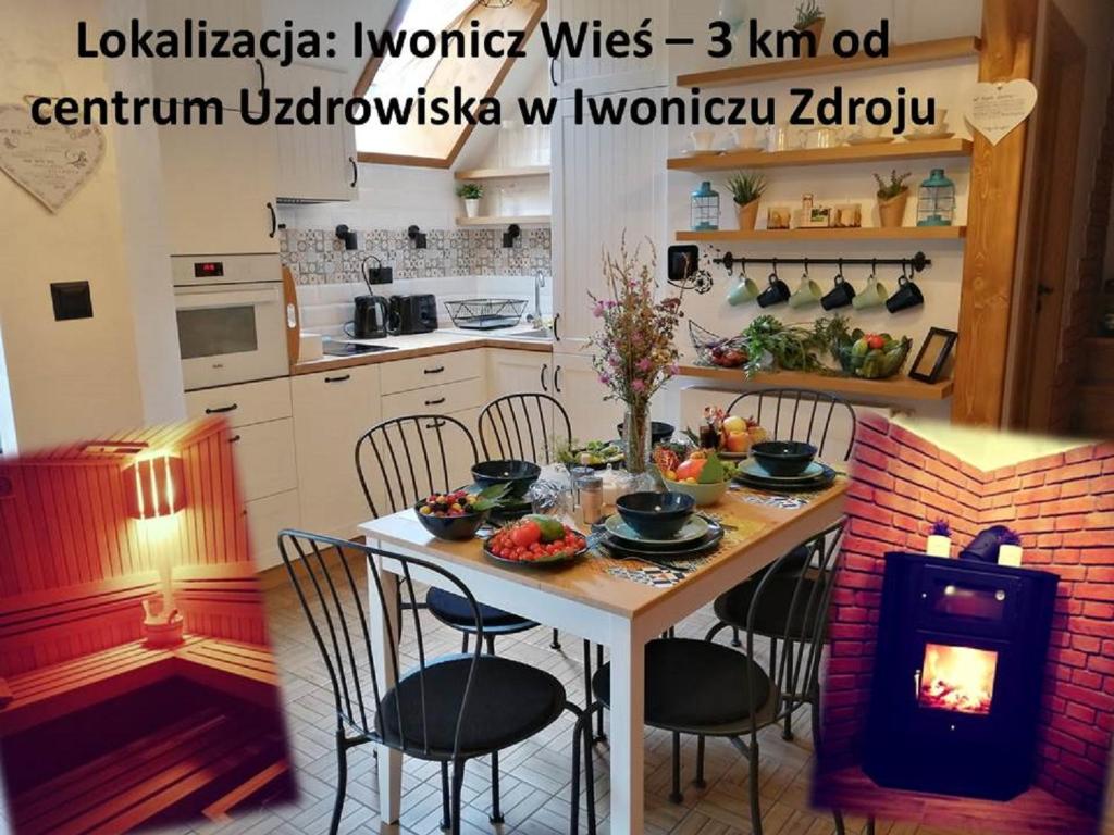 uma cozinha com uma mesa, cadeiras e um fogão em Agroturystyka Iwańcze Pole em Iwonicz-Zdrój
