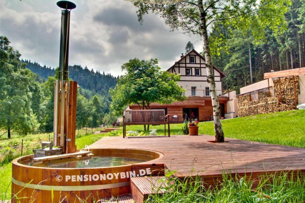 een fontein in een veld met een huis op de achtergrond bij Pension Oybin in Kurort Oybin