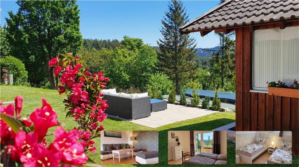 a collage of photos of a garden with a house at Moderne Ferienwohnung mit eigenem Garten und traumhaften Blick in Wilhelmsthal