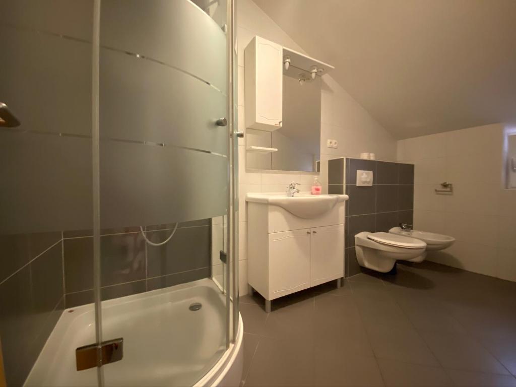 y baño con ducha, lavabo y aseo. en Apartments Grozdana, en Gradac