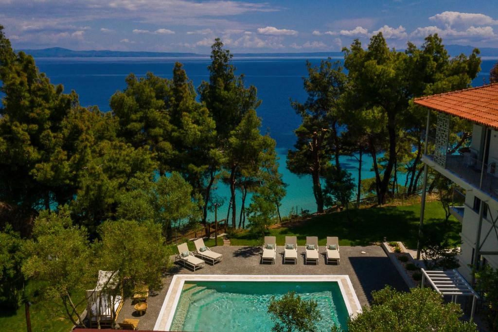 an aerial view of a resort with a swimming pool at Elies 33 Bio Retreat in Afitos