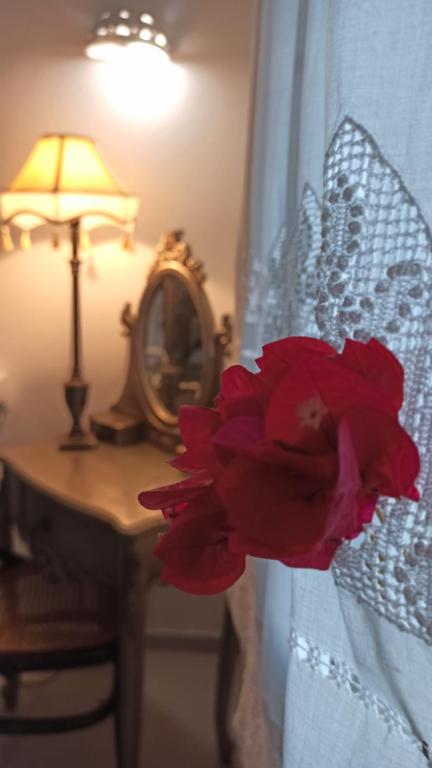 eine rote Blume auf der Seite eines Bettes in der Unterkunft Sifnos View in Apollonia