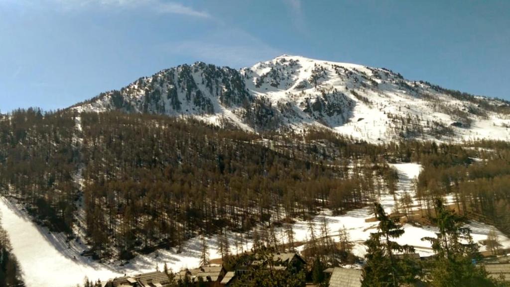 a mountain covered in snow with trees in front of it at Panorama Apartment in Claviere